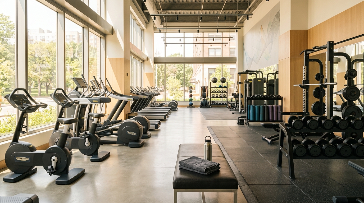 Modernes Fitnessstudio mit natürlichem Licht und modernen Geräten