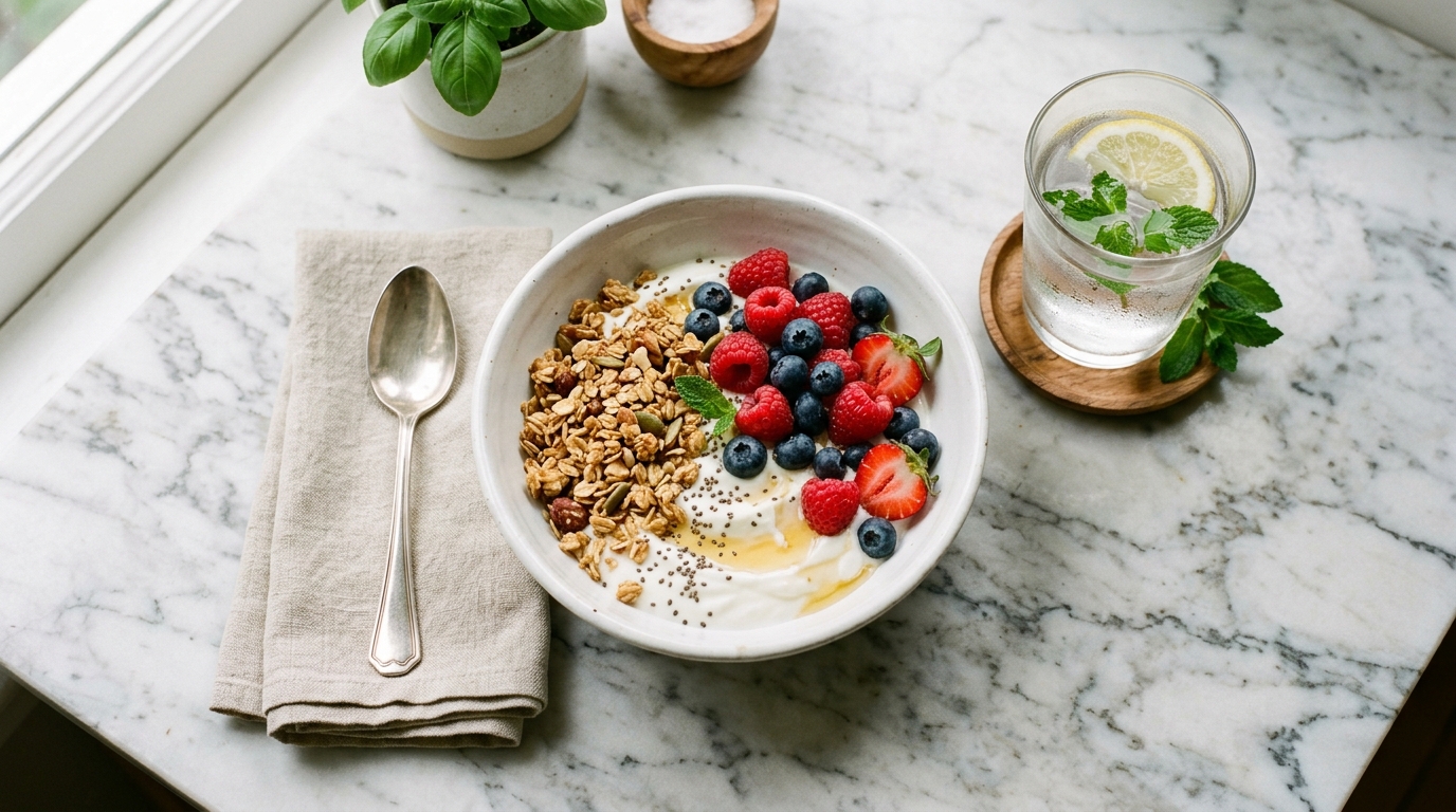 Gesunde Frühstücksschale mit Beeren und Müsli auf einem Tisch